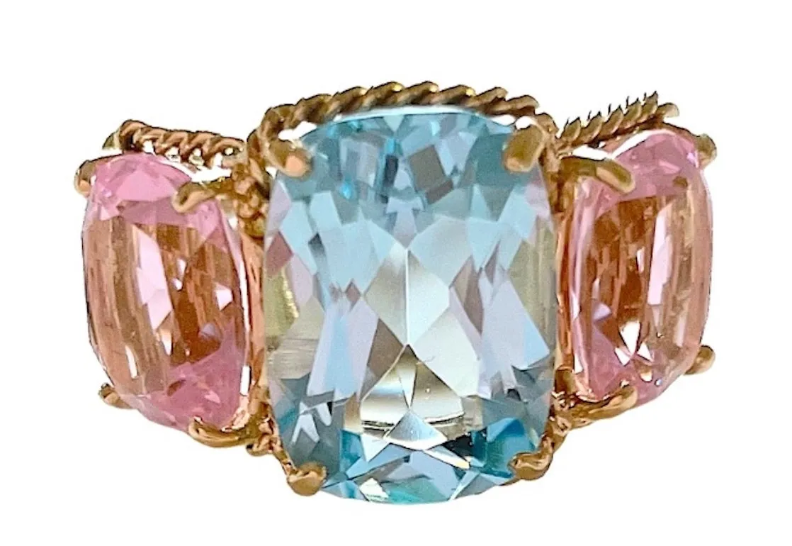 Blue and Pink Topaz Gold Three Stone Ring with Rope Twist Border