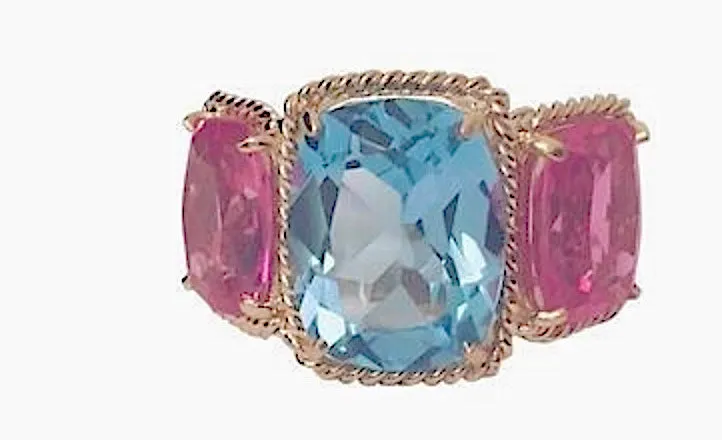 Blue and Pink Topaz Gold Three Stone Ring with Rope Twist Border