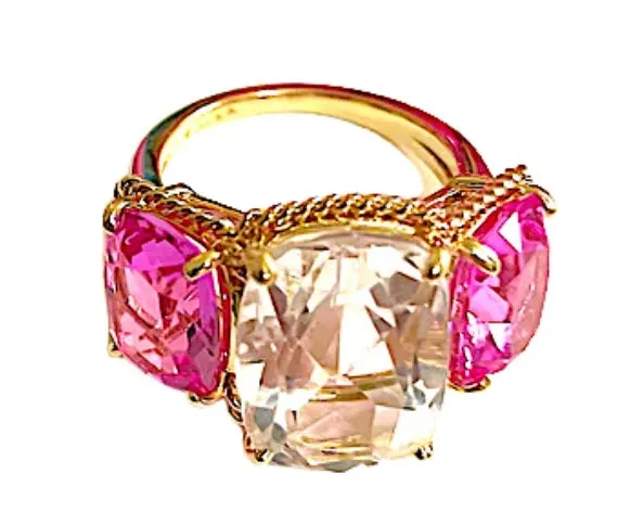 Blue and Pink Topaz Gold Three Stone Ring with Rope Twist Border