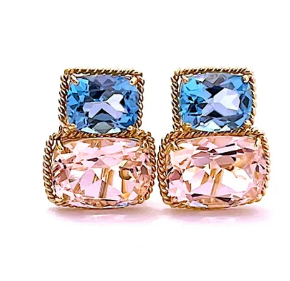 Blue and Pink Topaz Gold Three Stone Ring with Rope Twist Border