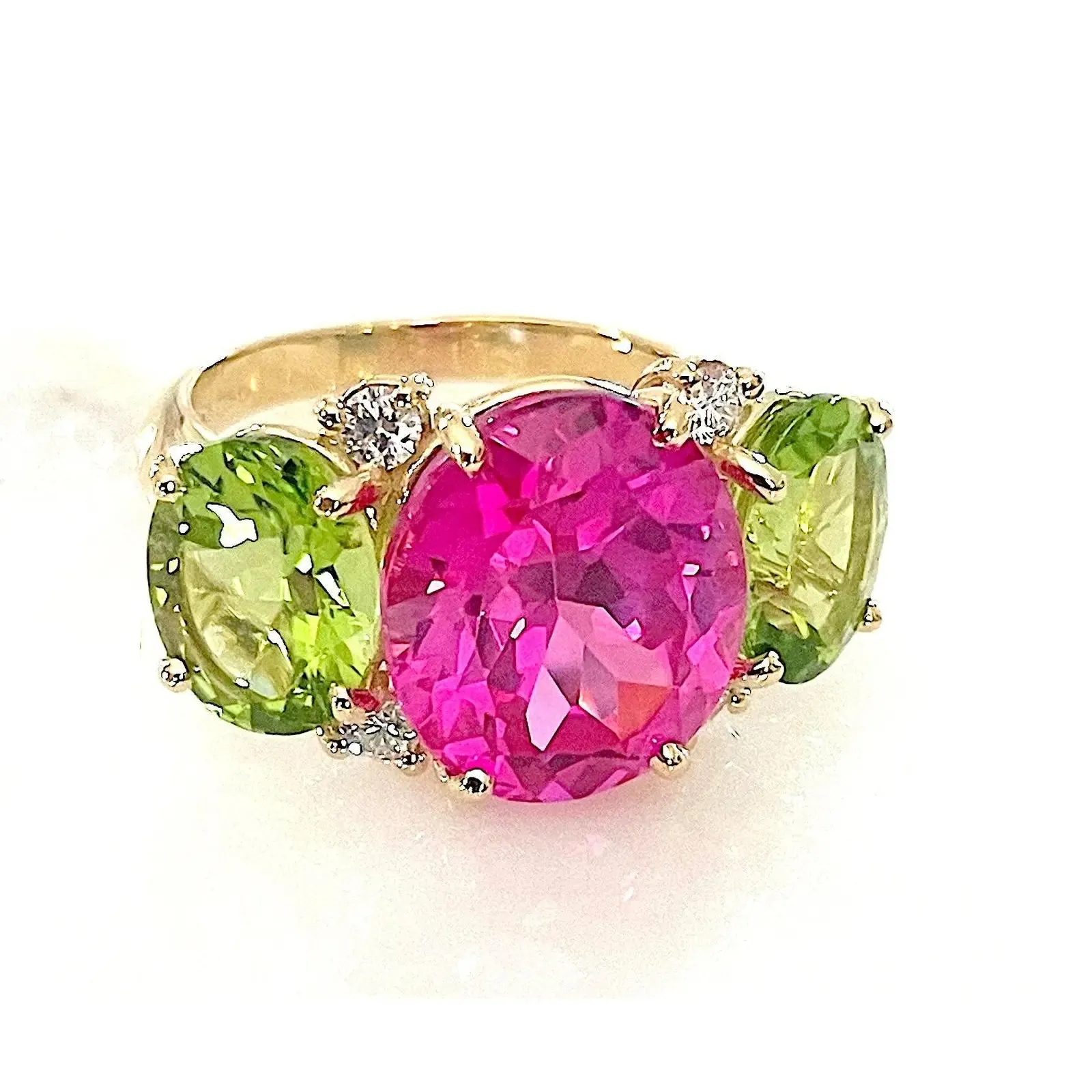 Blue and Pink Topaz Gold Three Stone Ring with Rope Twist Border