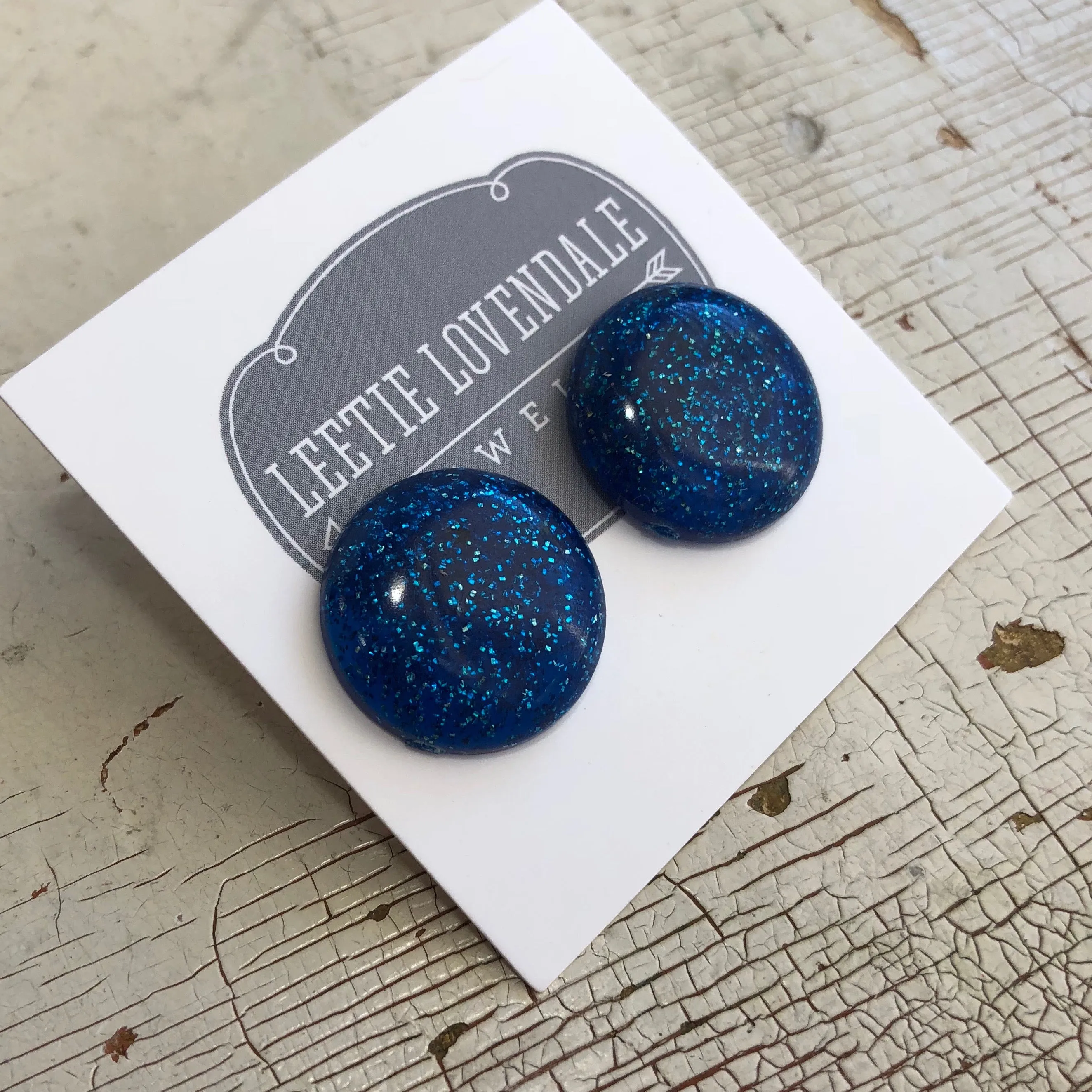 Blue Glitter Lucite Retro Button Stud Earrings