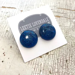 Blue Glitter Lucite Retro Button Stud Earrings