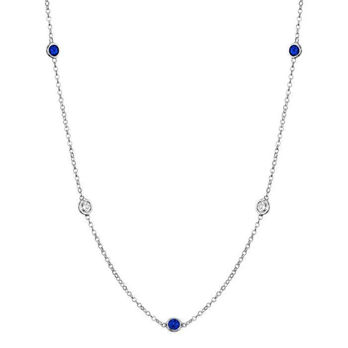 Blue Sapphire and Diamond Station Necklace