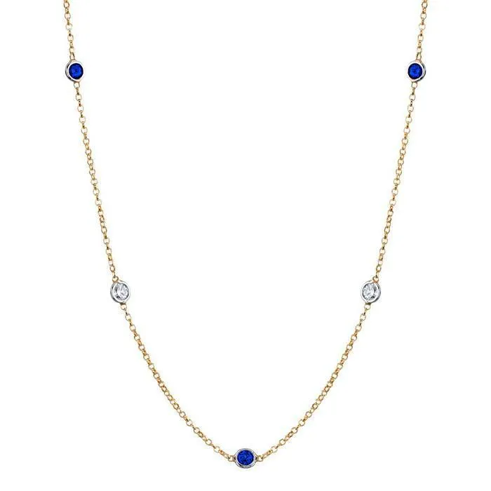 Blue Sapphire and Diamond Station Necklace