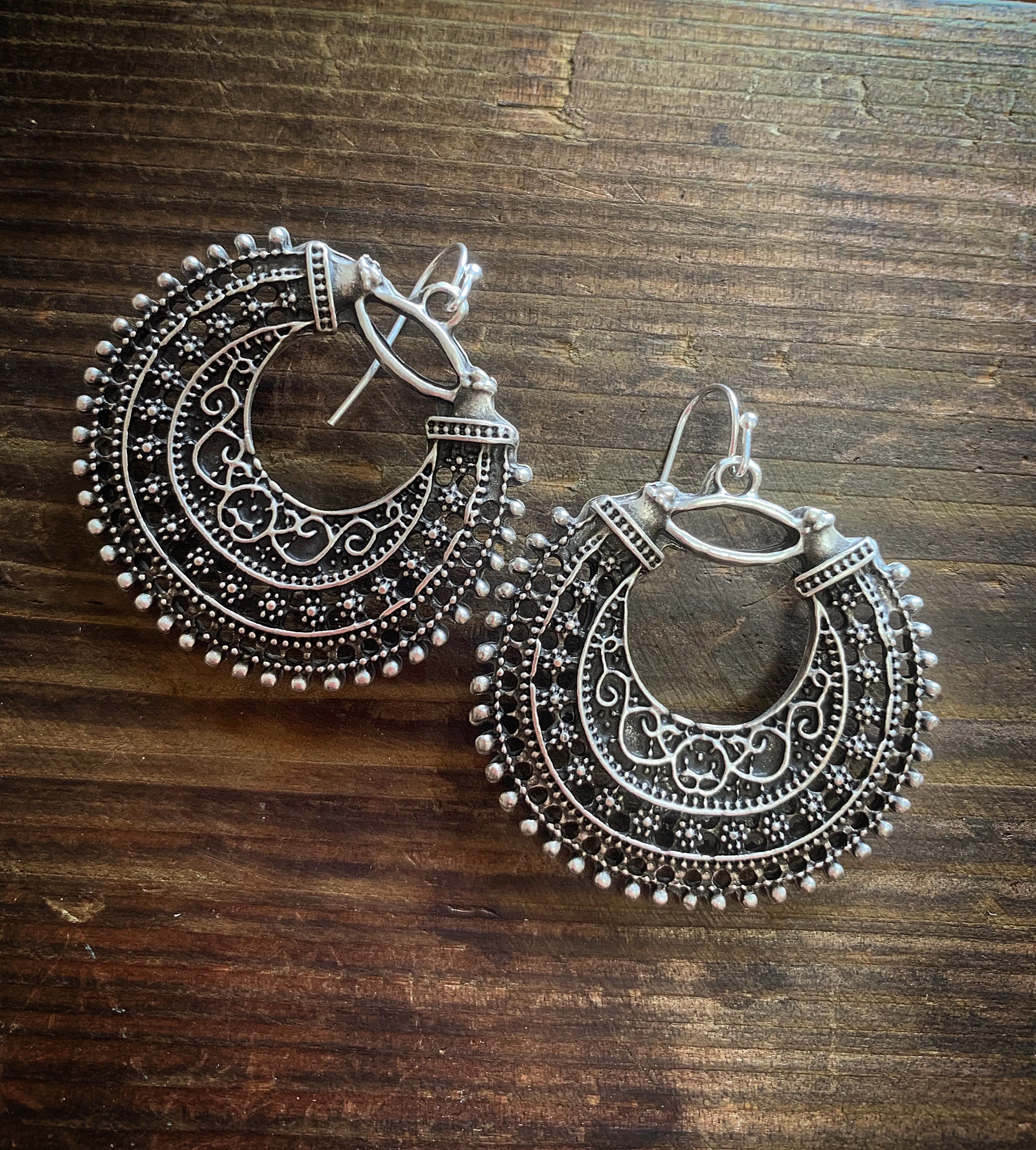 Boho hoop, sterling silver metal earrings, jewelry.