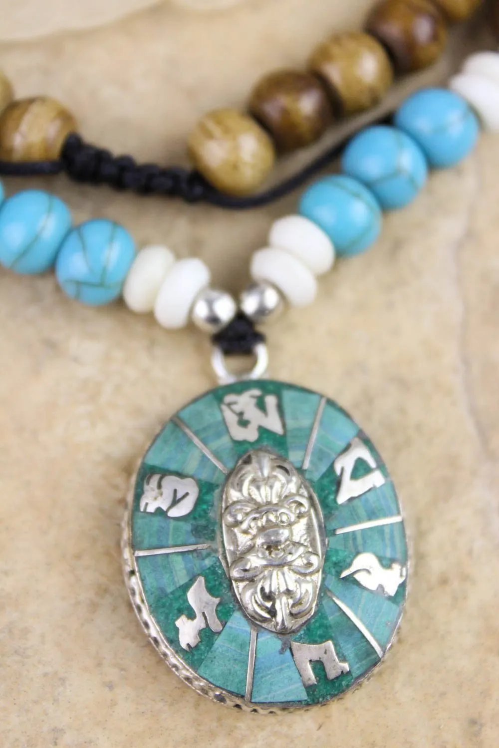 Bone and Turquoise Compassion Mantra Pendant Necklace