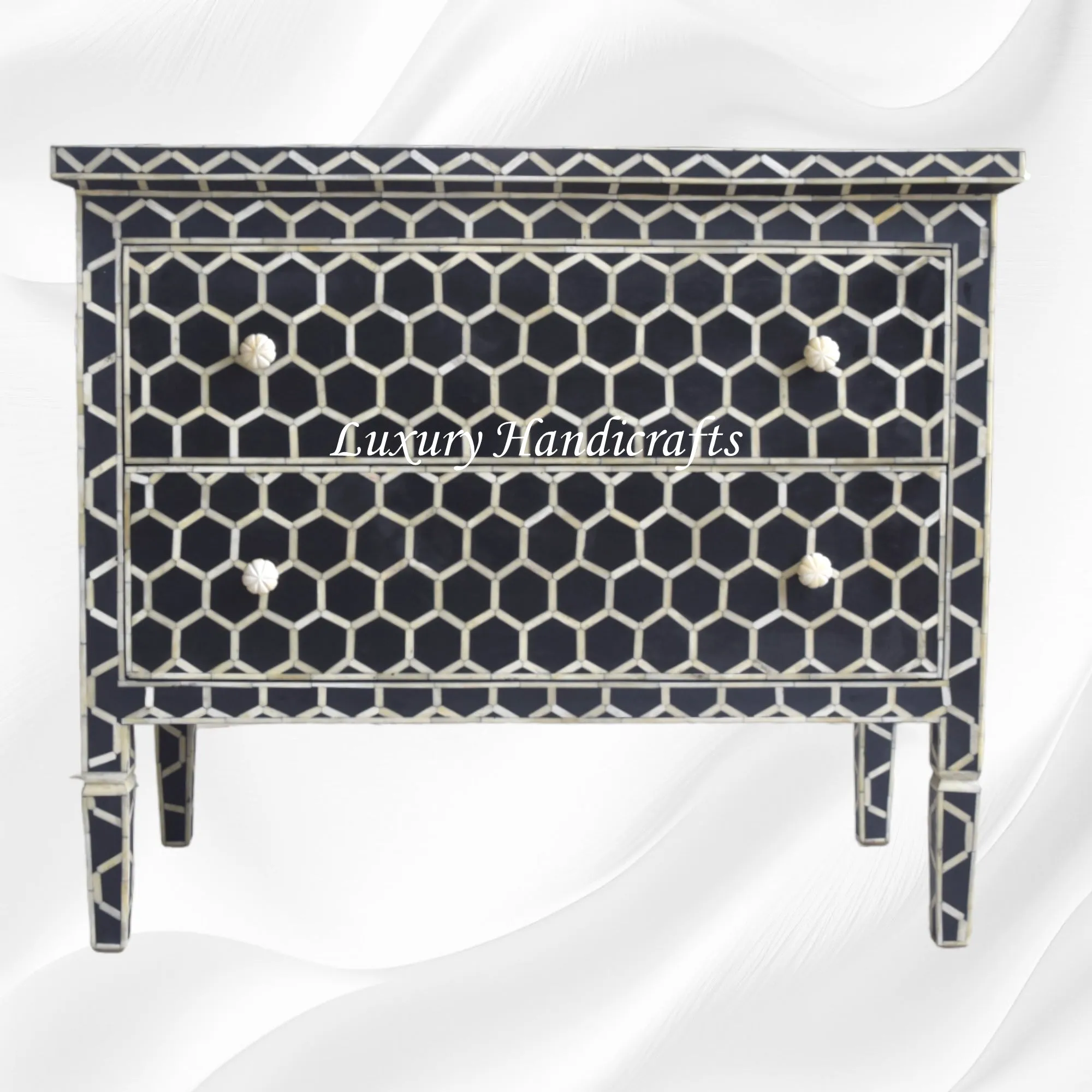 Bone Inlay Chest of 2 Drawer Honeycomb Black