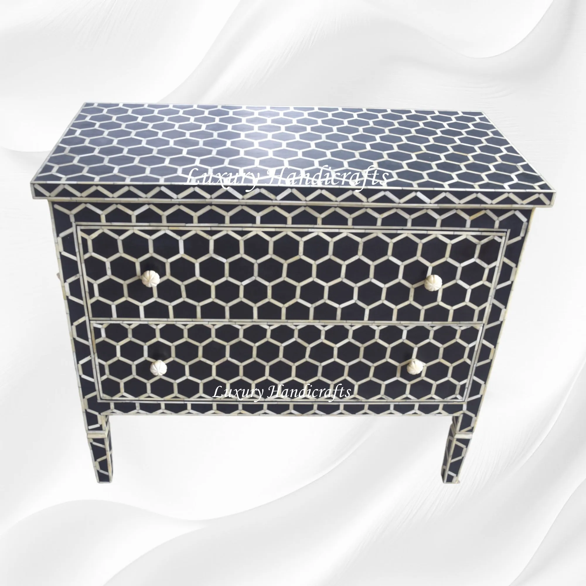 Bone Inlay Chest of 2 Drawer Honeycomb Black