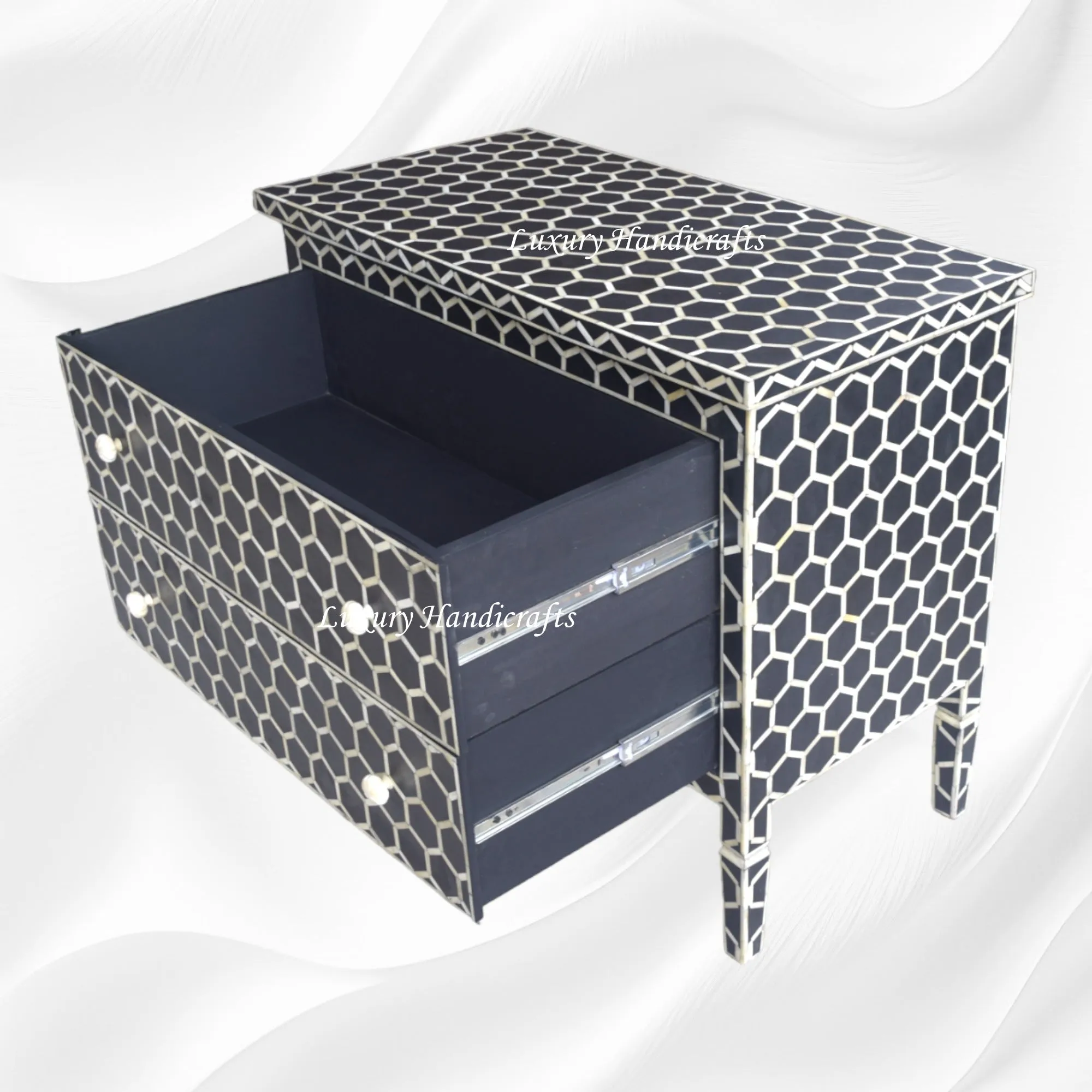 Bone Inlay Chest of 2 Drawer Honeycomb Black