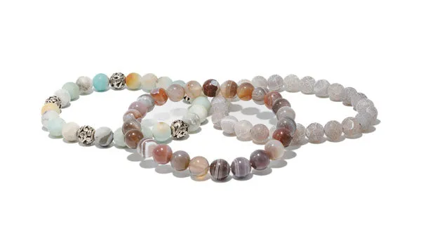 Botswana Agate, Balinese Amazonite, and, Dragon Vein Agate Natural Gemstone Bracelet Stack