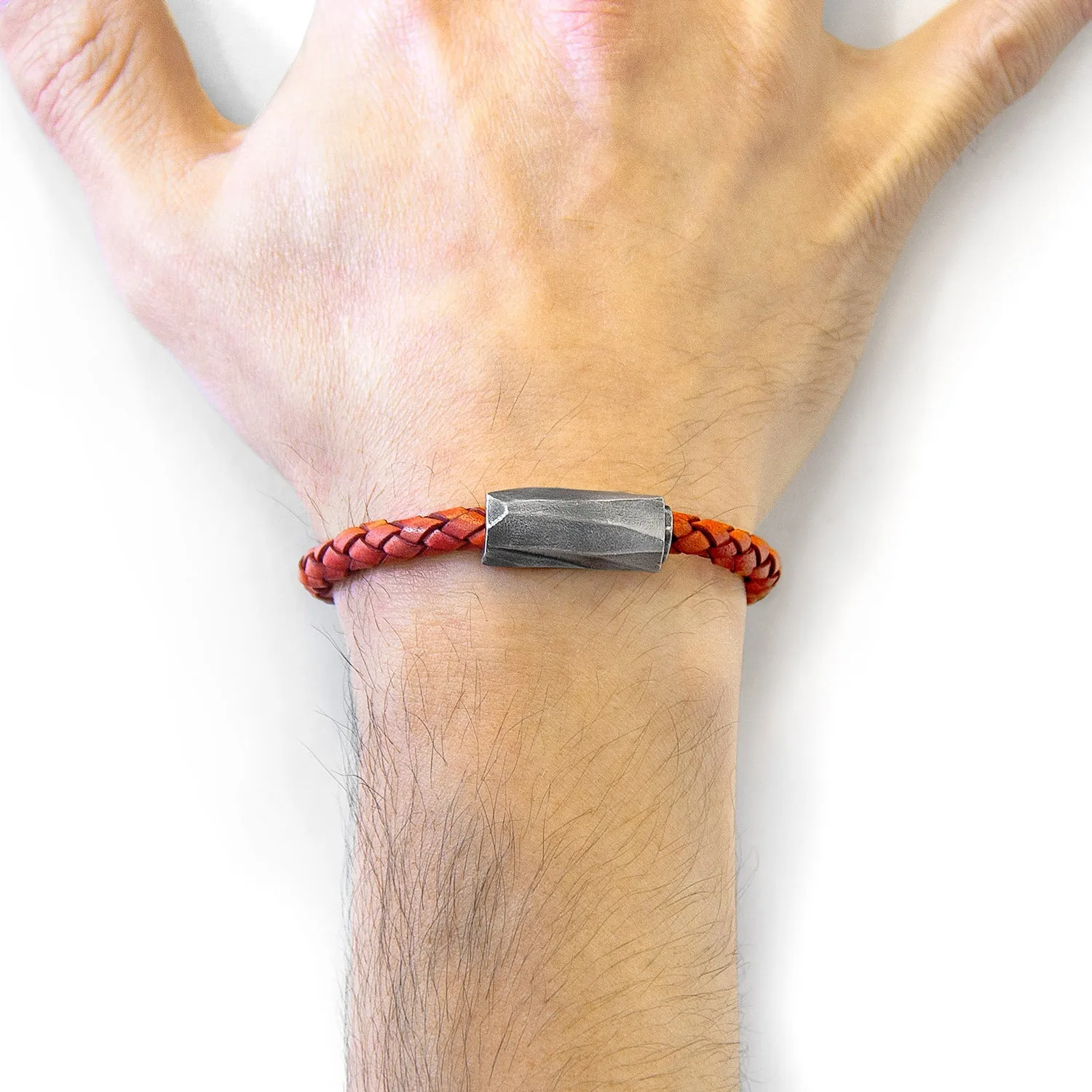 Braided Leather and Silver Bracelet - Amber Red Hayling Design