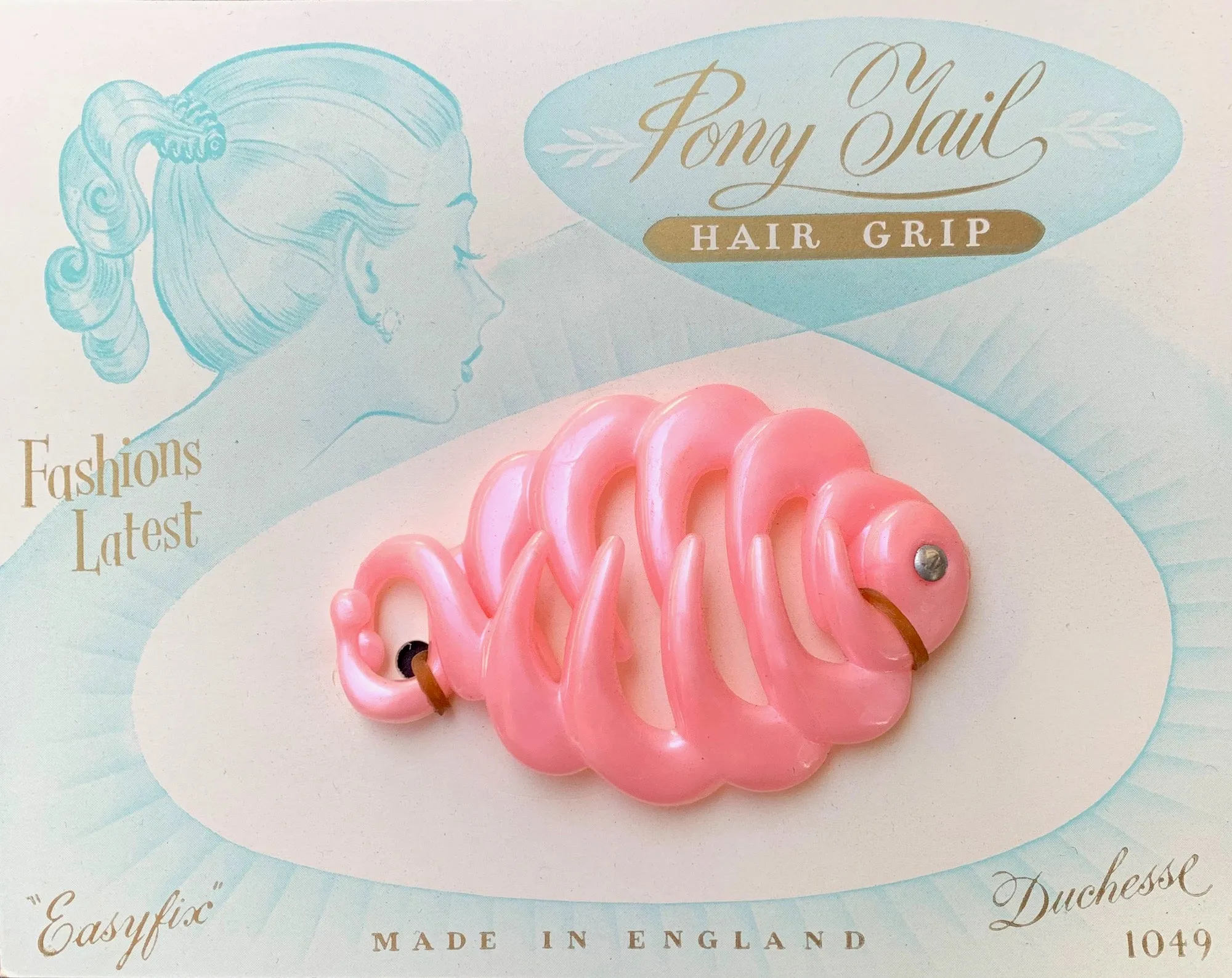 British 1950s Pony Tail 7cm Hair Grip/ Banana Clip on Lovely Display Card.