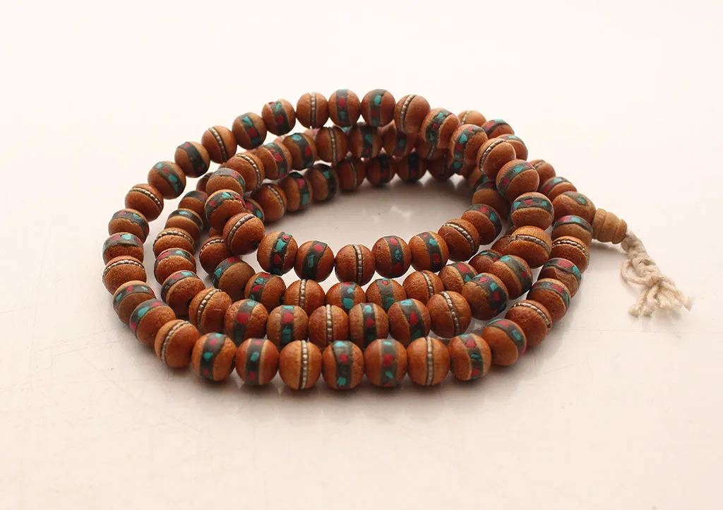 Brown Wooden Inlaid Turquoise and Coral Prayer Mala