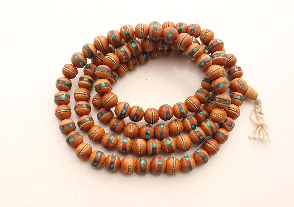 Brown Wooden Inlaid Turquoise and Coral Prayer Mala