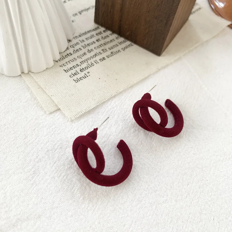 Burgundy Flocking Earrings Retro Winter Geometric Earrings