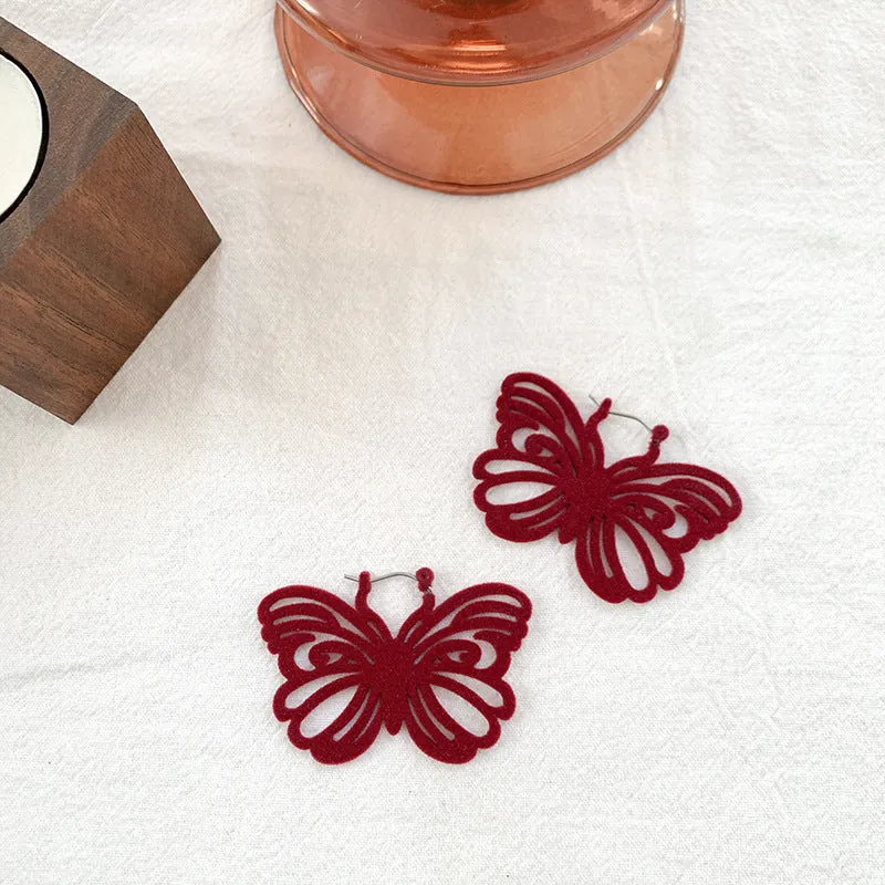 Burgundy Flocking Earrings Retro Winter Geometric Earrings