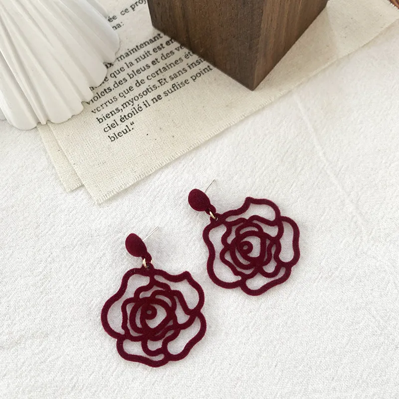 Burgundy Flocking Earrings Retro Winter Geometric Earrings