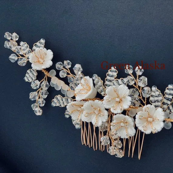 C129. clay florals boho bridal white hair comb and earrings.