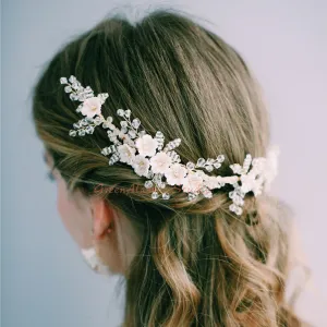 C129. clay florals boho bridal white hair comb and earrings.