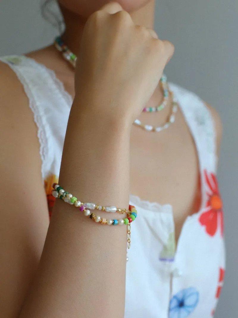 Candy-Colored Gemstone and Popcorn Pearl Beaded Bracelet