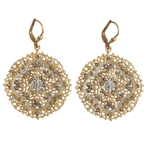 Catherine Popesco Enamel 14k Gold Plated Filigree Medallion Crystal Earrings, 3018G Silver Gray