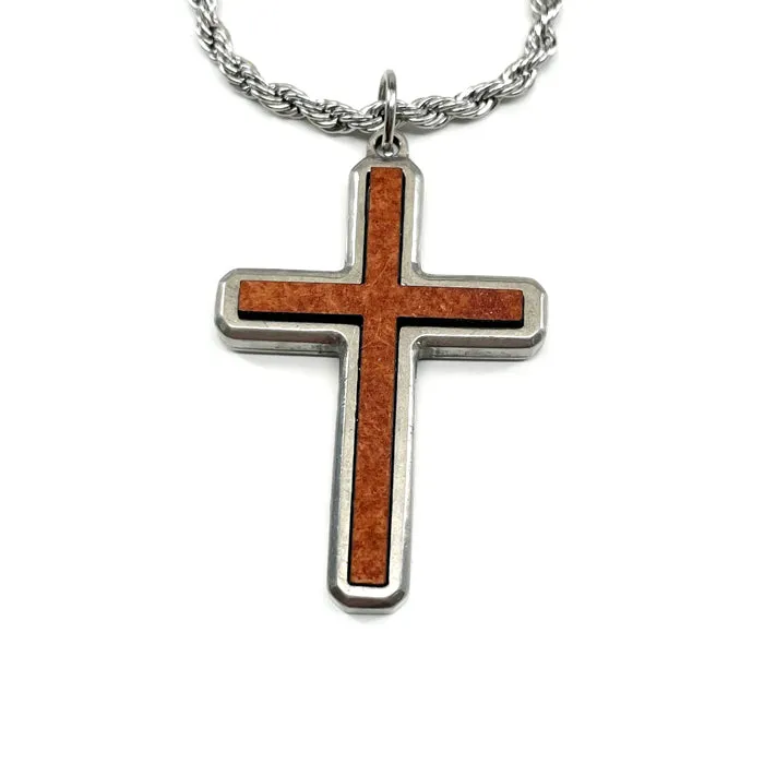 Cross Wood Inlay Antique Silver Pendant Stainless Steel Rope Chain Necklace