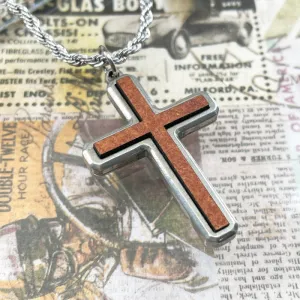 Cross Wood Inlay Antique Silver Pendant Stainless Steel Rope Chain Necklace