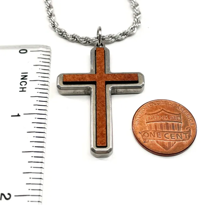 Cross Wood Inlay Antique Silver Pendant Stainless Steel Rope Chain Necklace