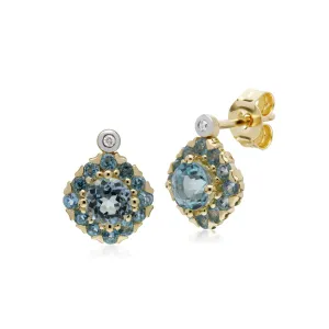 Damen 9 Karat Gelbgold Rund Blue Topas & Diamant Quadrat Cluster Ohrstecker