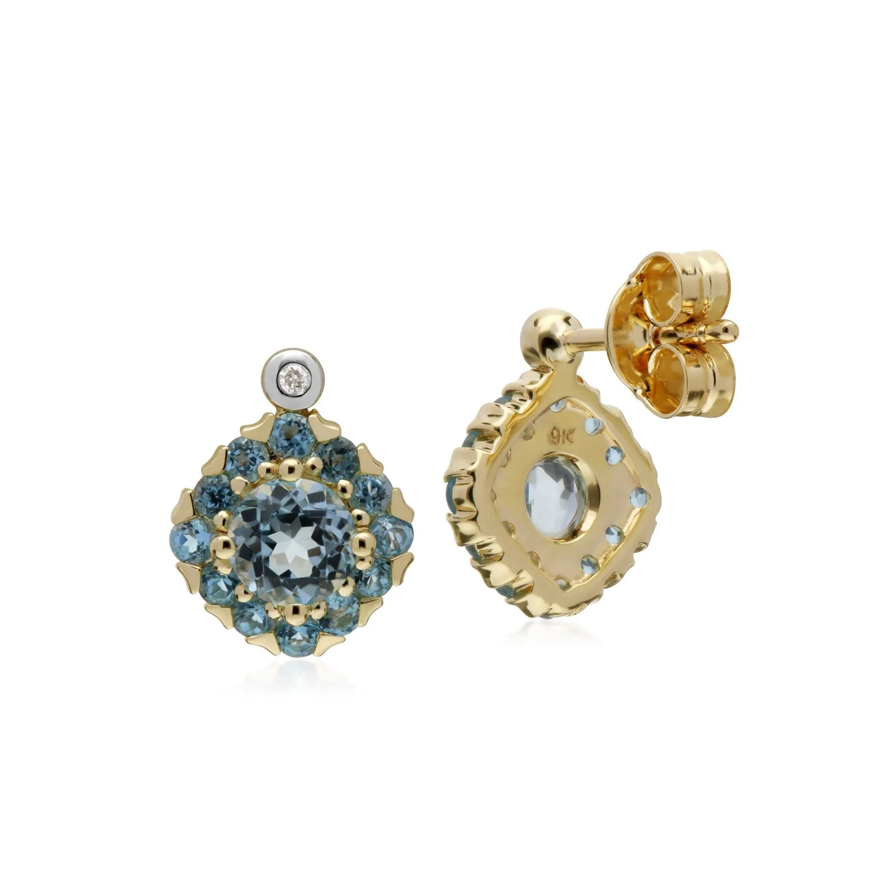 Damen 9 Karat Gelbgold Rund Blue Topas & Diamant Quadrat Cluster Ohrstecker