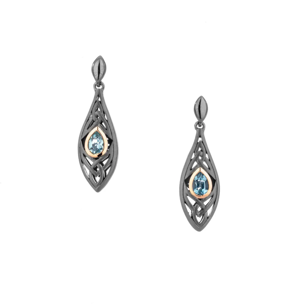 Darkened Silver and 10k Rose Gold Trinity Knot Earrings-Blue Topaz