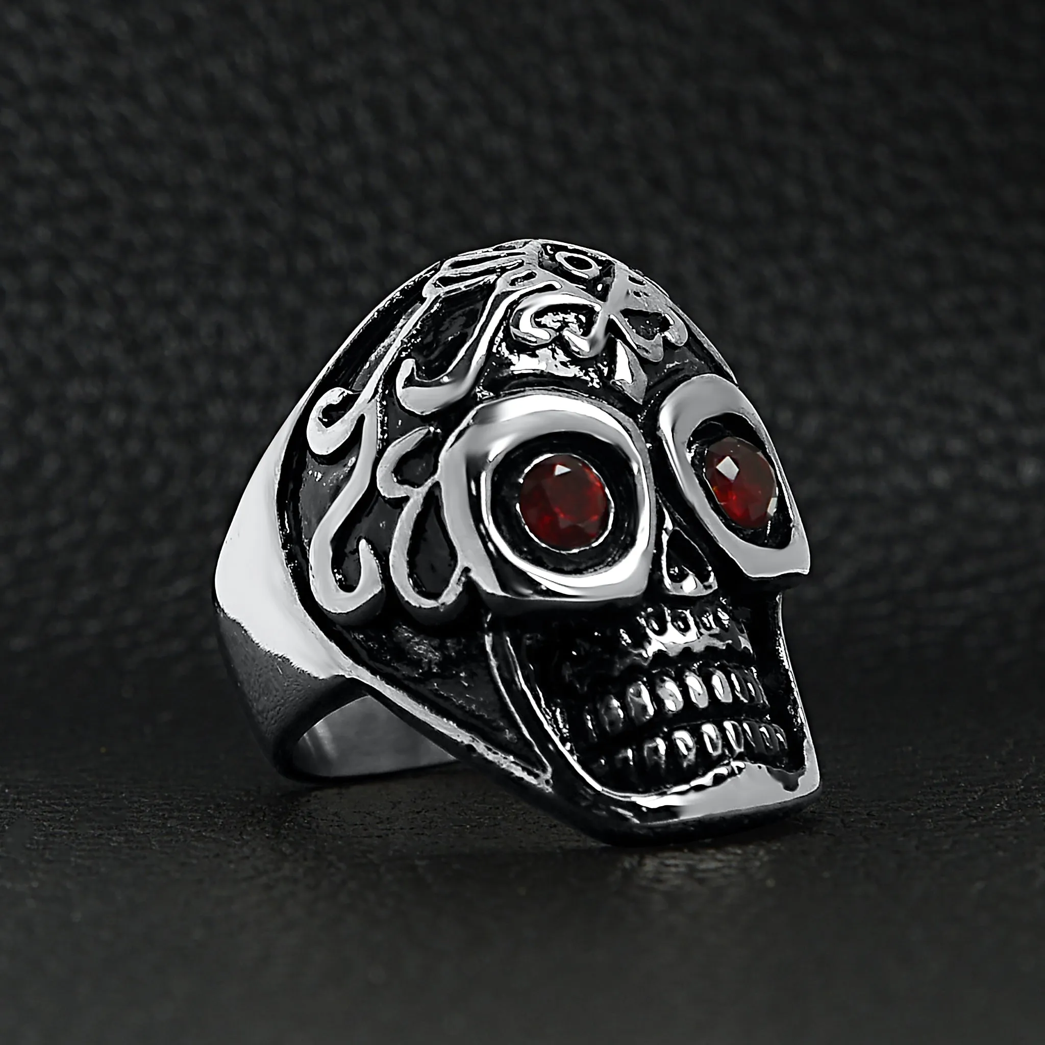 Detailed Skull With Red CZ Eyes Stainless Steel Polished Ring / SCR3039