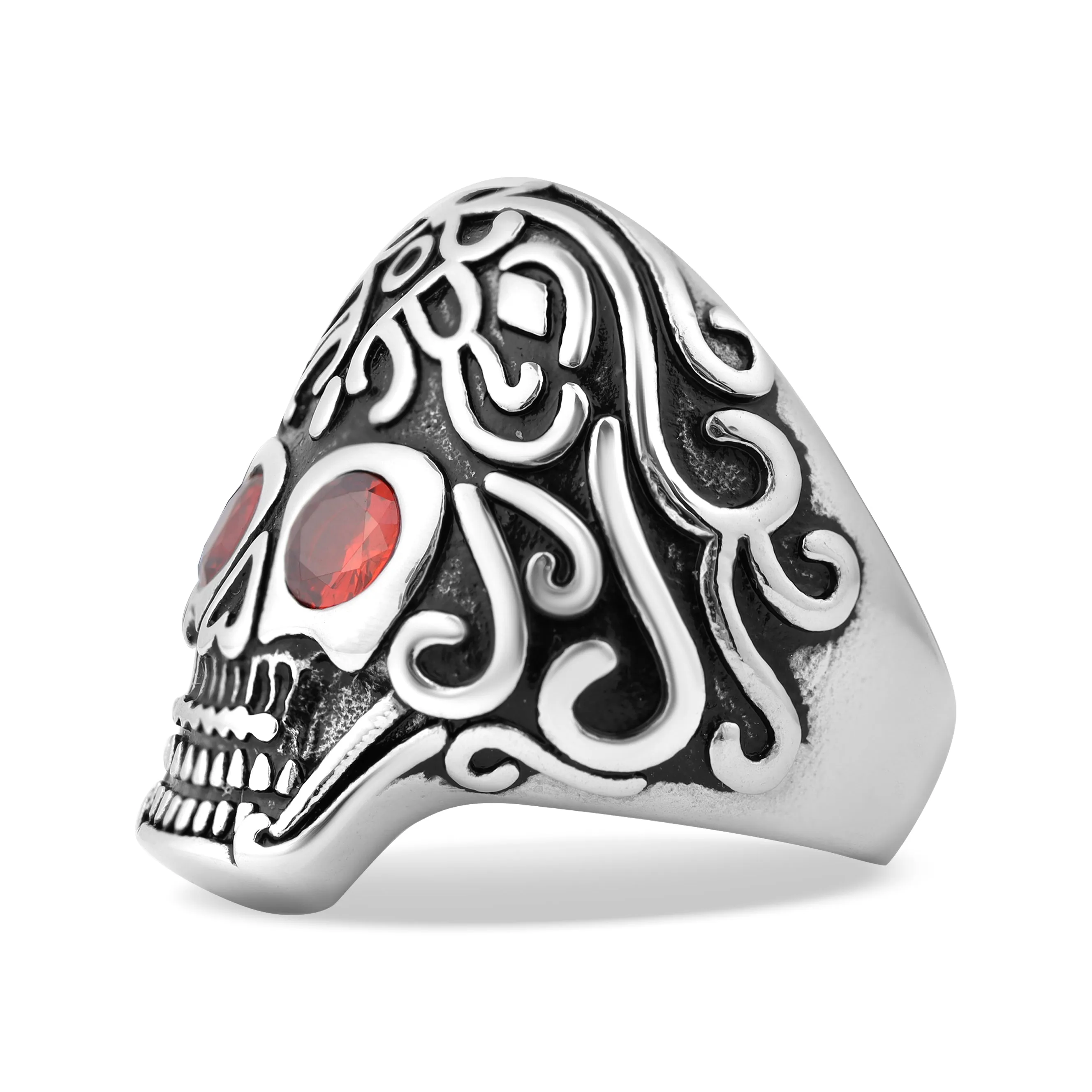 Detailed Skull With Red CZ Eyes Stainless Steel Polished Ring Size 11 / SCR0000