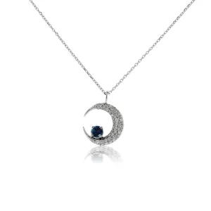 Diamond Crescent Moon Pendant with Blue Sapphire Accent