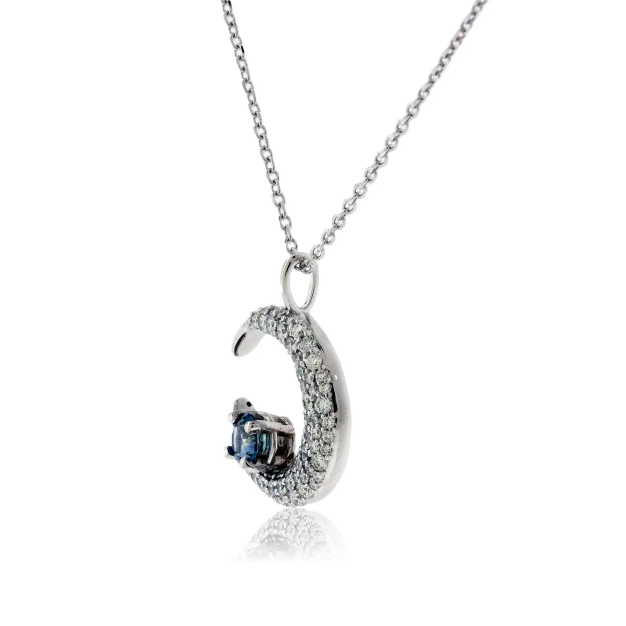 Diamond Crescent Moon Pendant with Blue Sapphire Accent