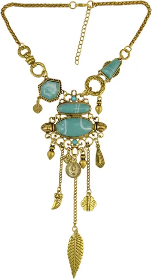 Exotic Bohemian Turquoise Blue & Gold Color Tribal Necklace