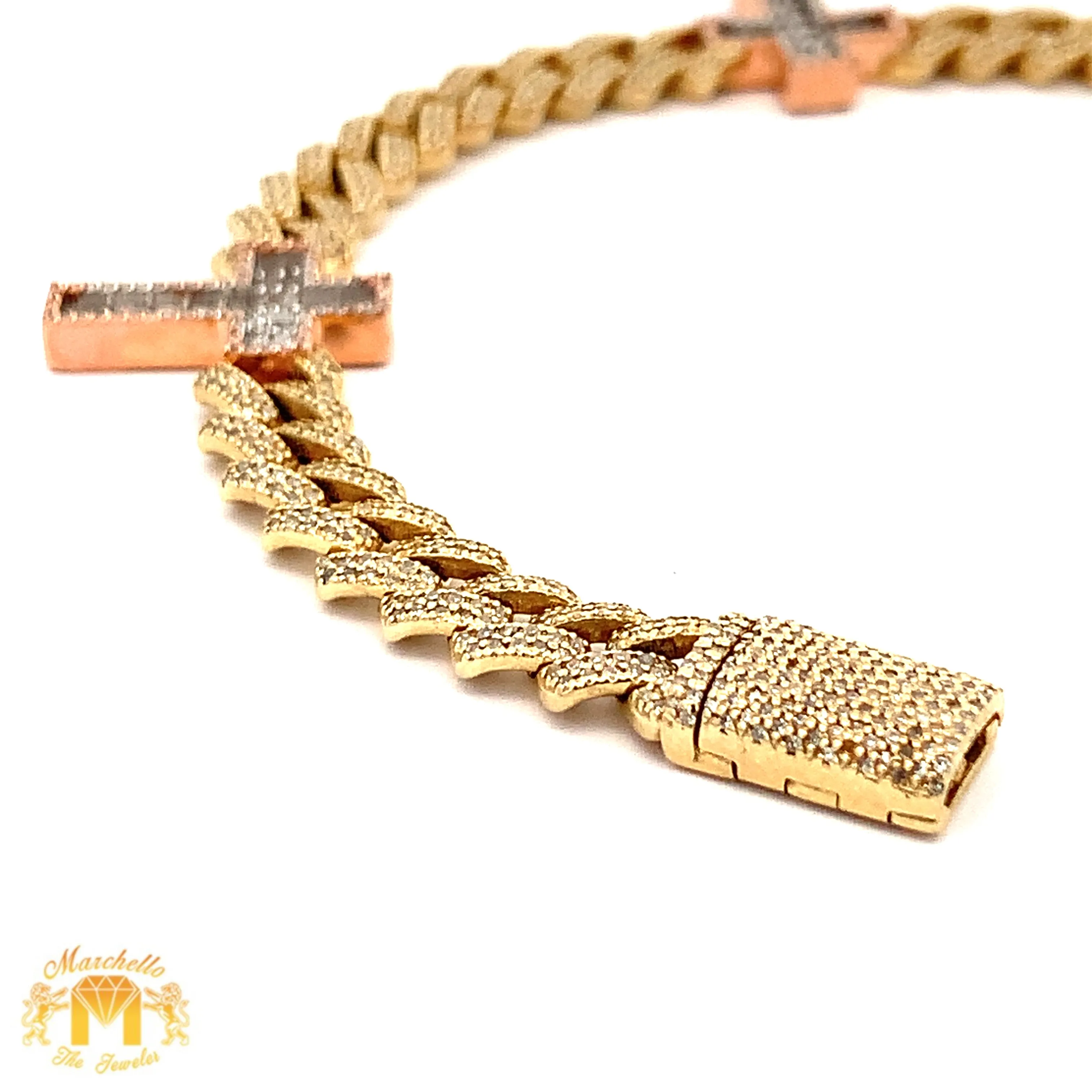 Gold and Diamond Three Cross Miami Cuban Bracelet with Baguette and Round diamonds