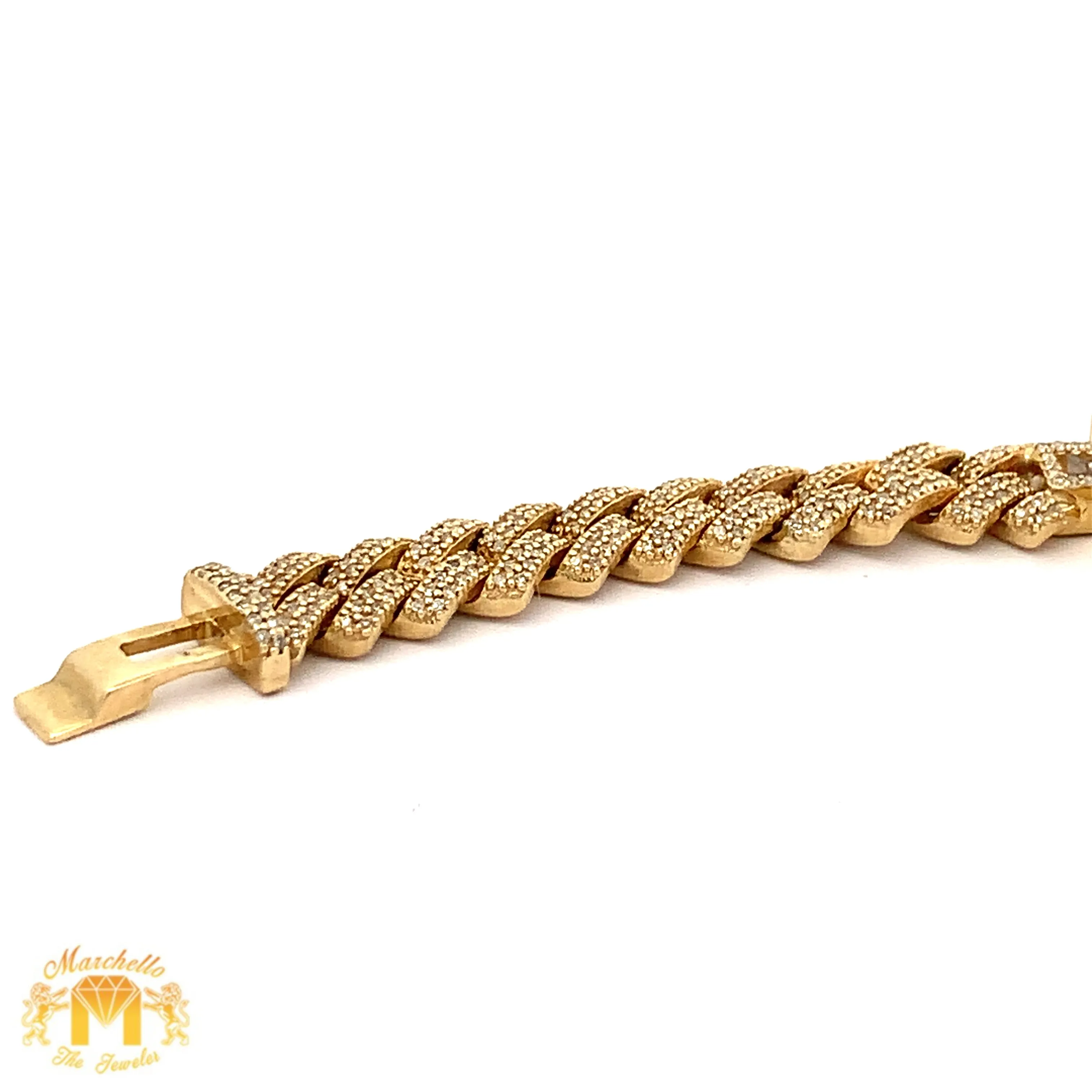 Gold and Diamond Three Cross Miami Cuban Bracelet with Baguette and Round diamonds