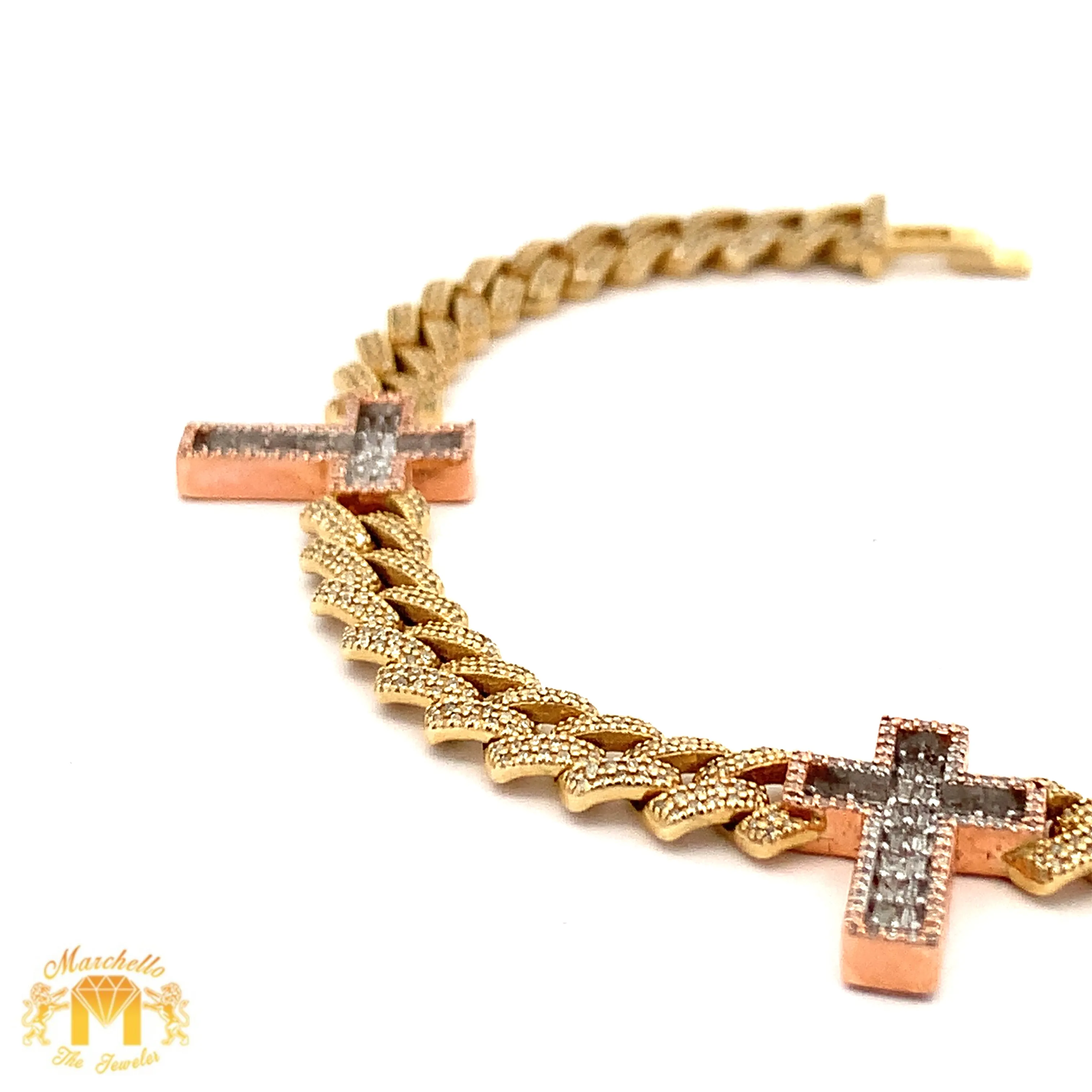 Gold and Diamond Three Cross Miami Cuban Bracelet with Baguette and Round diamonds