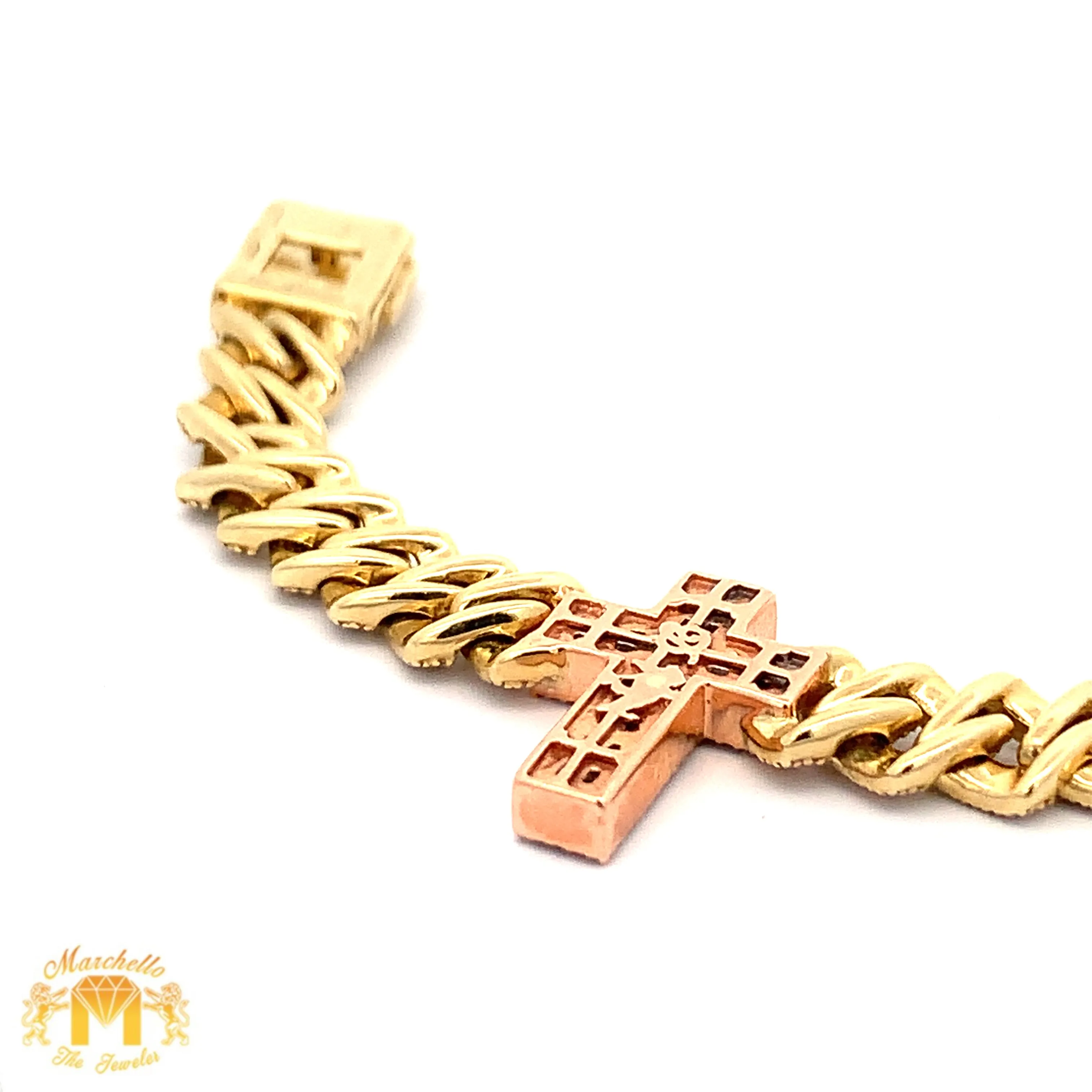 Gold and Diamond Three Cross Miami Cuban Bracelet with Baguette and Round diamonds