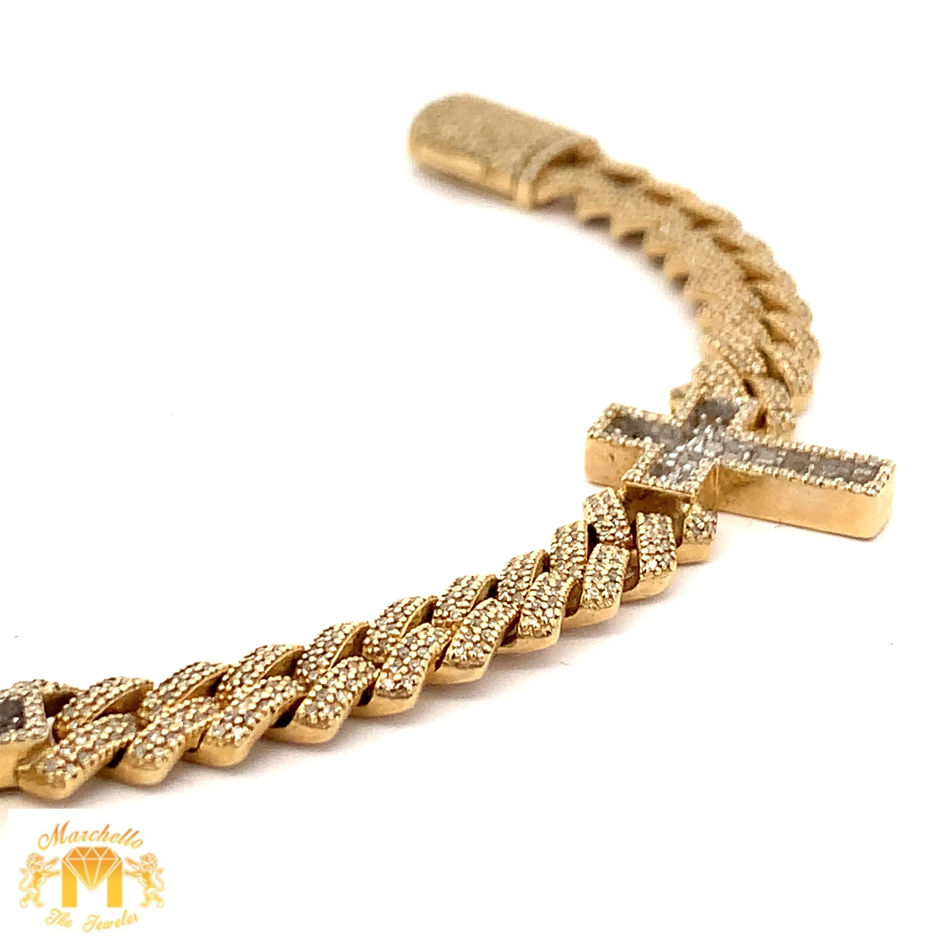 Gold and Diamond Three Cross Miami Cuban Bracelet with Baguette and Round diamonds