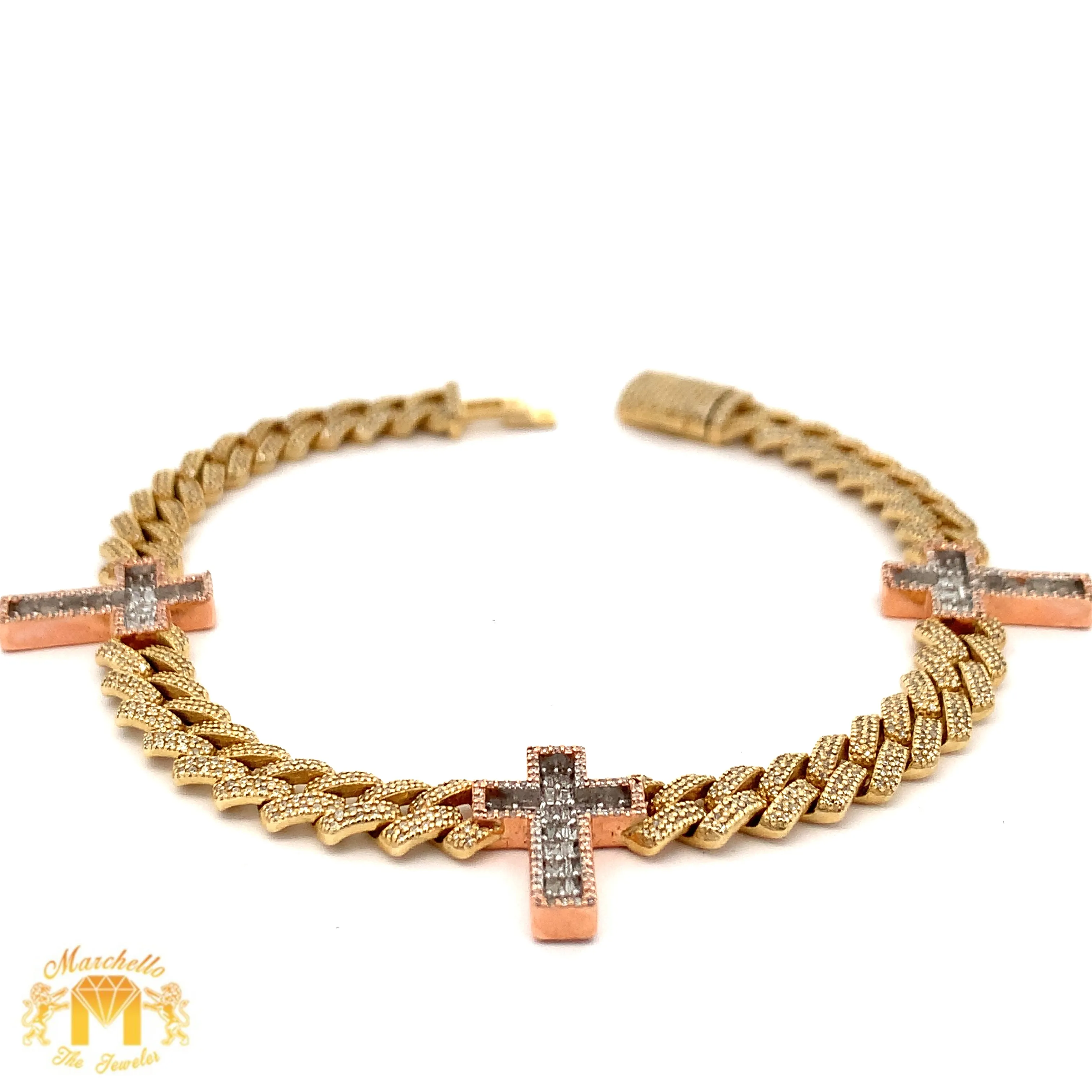 Gold and Diamond Three Cross Miami Cuban Bracelet with Baguette and Round diamonds