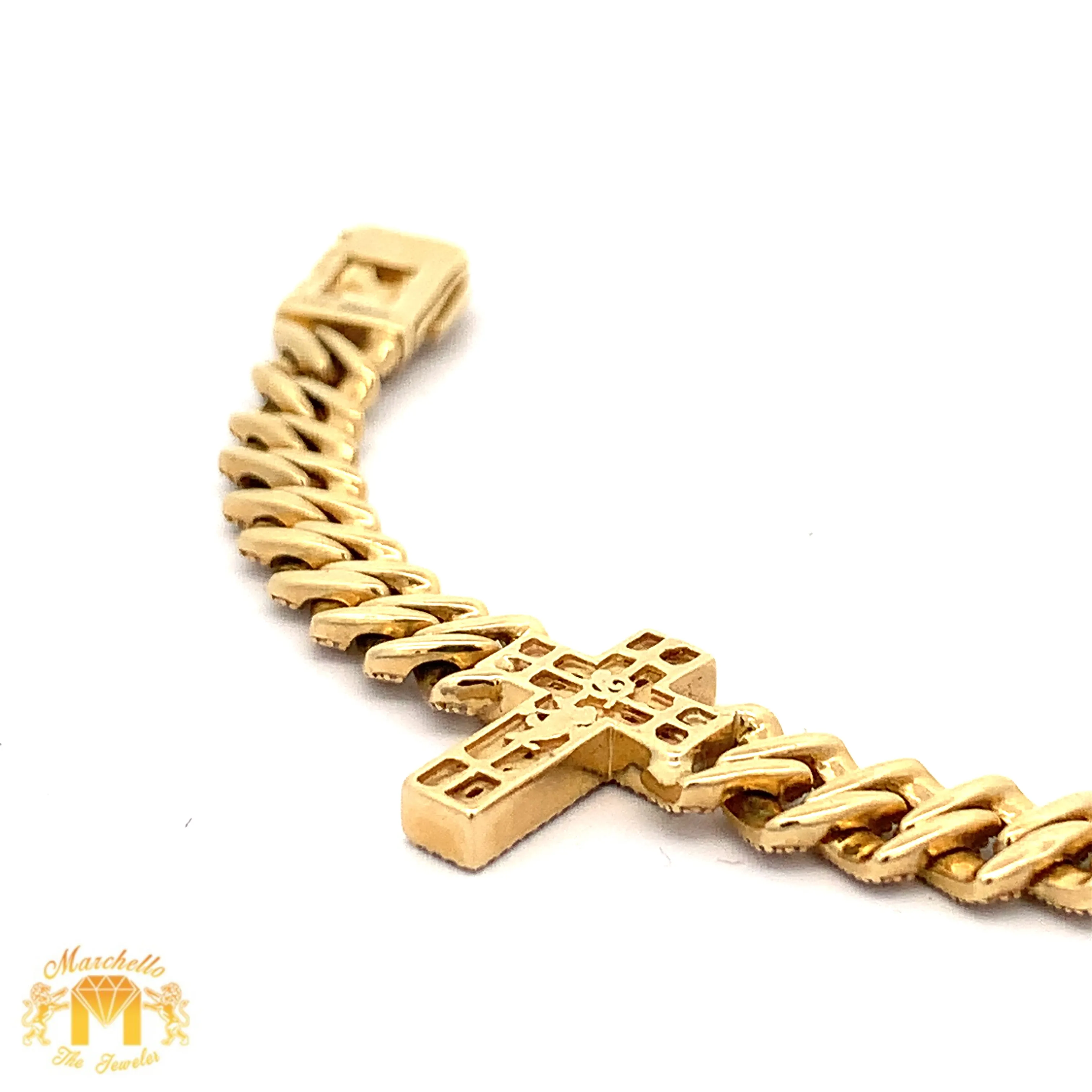 Gold and Diamond Three Cross Miami Cuban Bracelet with Baguette and Round diamonds