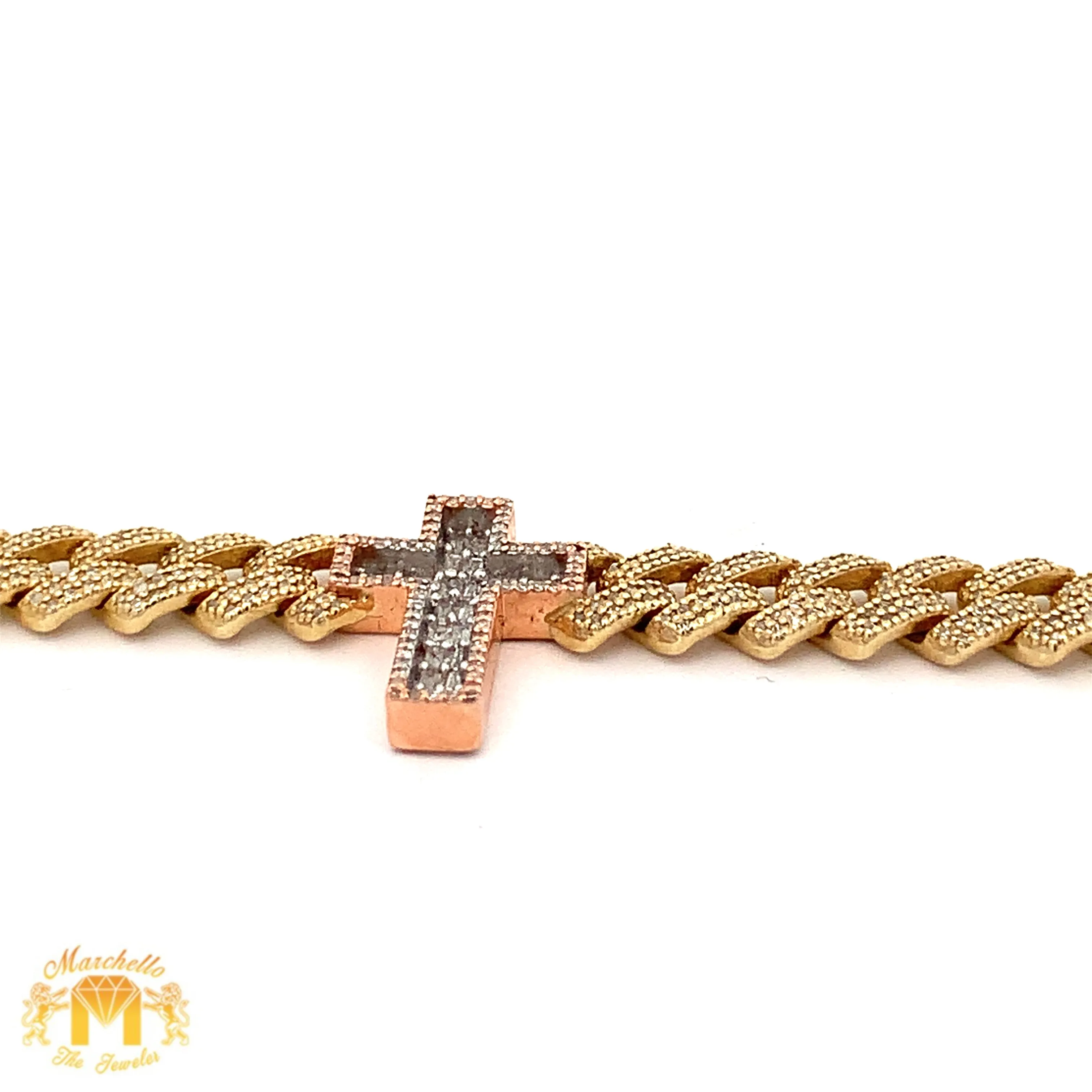 Gold and Diamond Three Cross Miami Cuban Bracelet with Baguette and Round diamonds