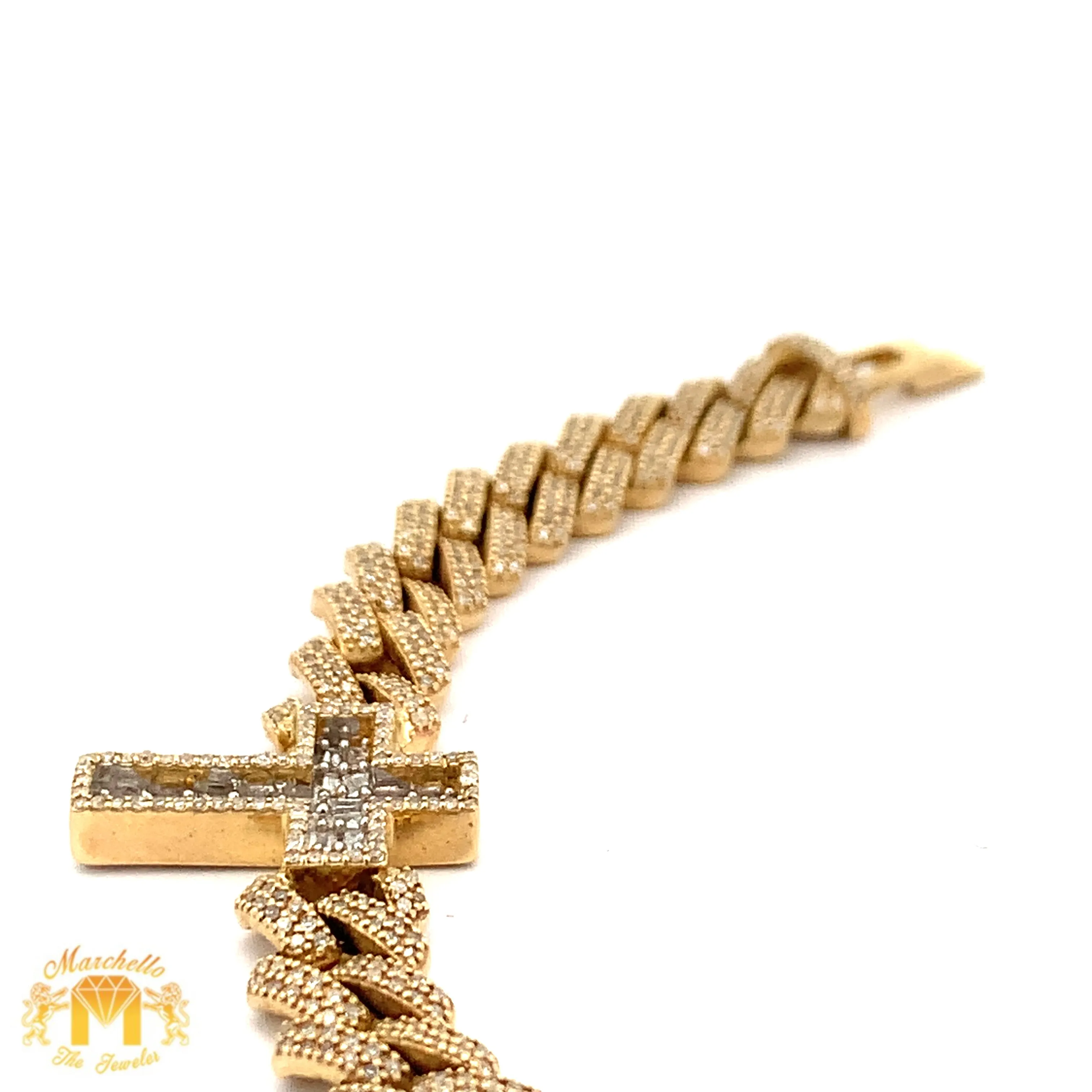 Gold and Diamond Three Cross Miami Cuban Bracelet with Baguette and Round diamonds