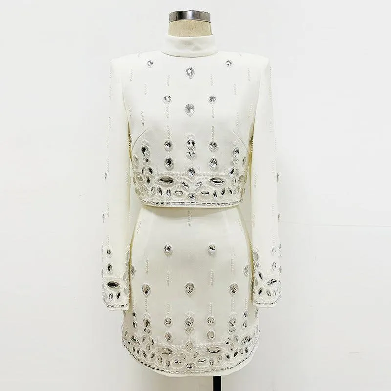 Heavy Industry Beads Diamond Inlaid Short Top Mid-length Dress Set Two-piece Set