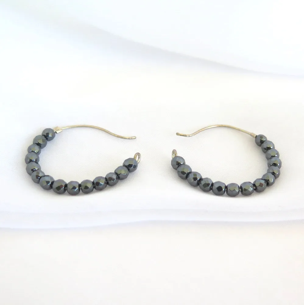 Hematite hoop earrings, gun metal gemstone earrings