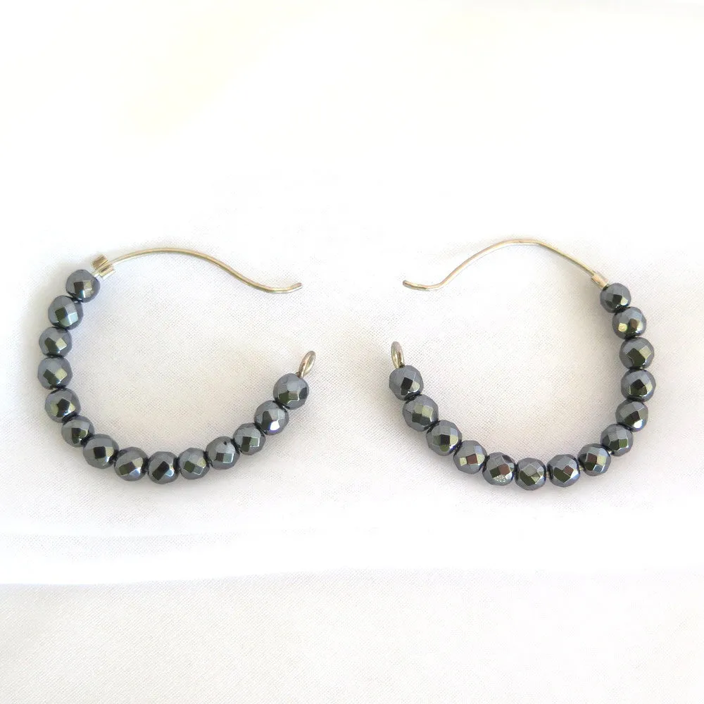 Hematite hoop earrings, gun metal gemstone earrings