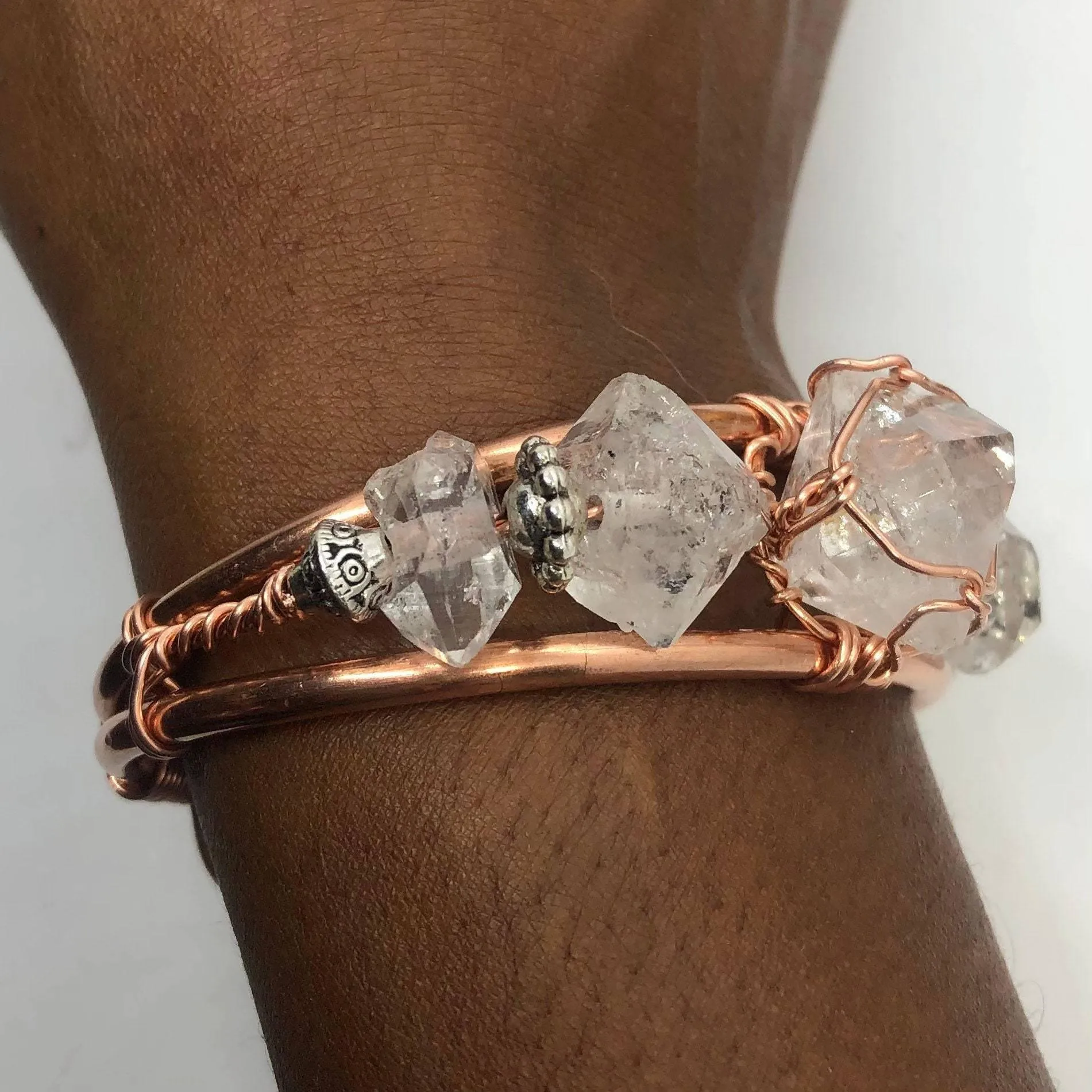 Herkimer Diamond with Herkimer Side Stones Handmade Copper Wirewrapped Bangle Bracelet